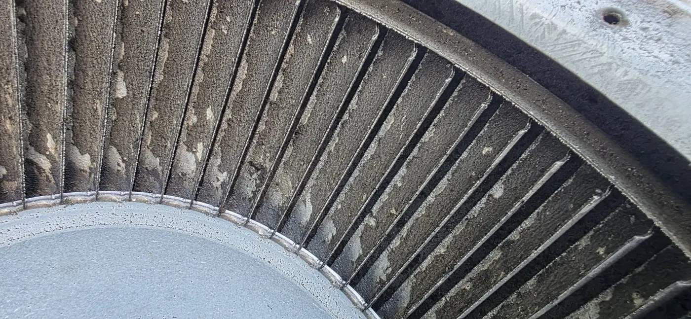 Blower wheel caked with dust before service